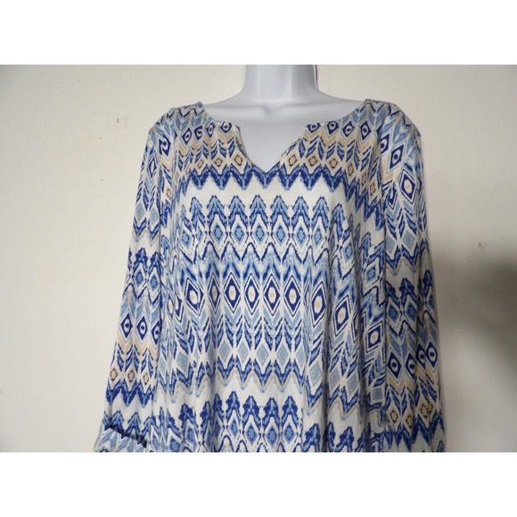 Jessica London 22/24 1X Tunic Boho Geometric Blue 3/4 Sleeve V Neck Peasant - Picture 4 of 11